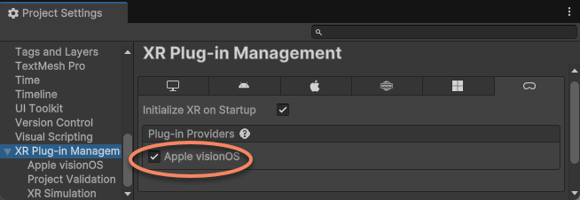 Select visionOS plugin